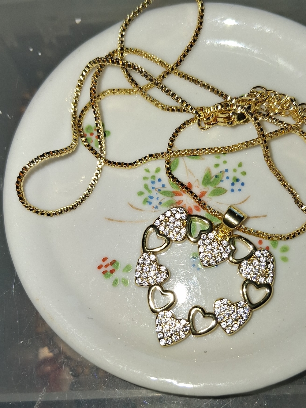 Gold Heart Circle Pendant Necklace with Clear Crystals - Women Jewelry